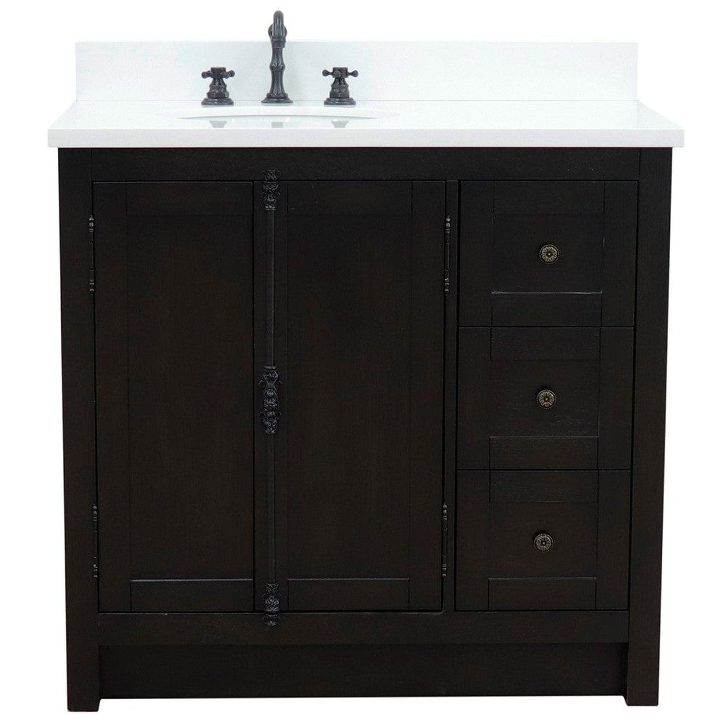 Bellaterra Home Plantation 37" 2-Door 3-Drawer Brown Ash Freestanding Vanity Set With Ceramic Left Offset Undermount Oval Sink and White Quartz Top