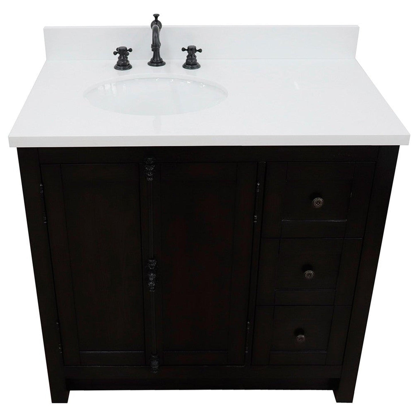 Bellaterra Home Plantation 37" 2-Door 3-Drawer Brown Ash Freestanding Vanity Set With Ceramic Left Offset Undermount Oval Sink and White Quartz Top