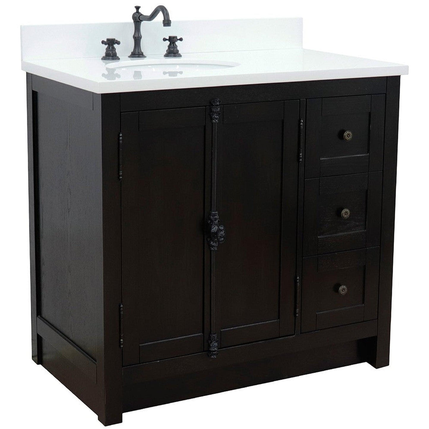 Bellaterra Home Plantation 37" 2-Door 3-Drawer Brown Ash Freestanding Vanity Set With Ceramic Left Offset Undermount Oval Sink and White Quartz Top