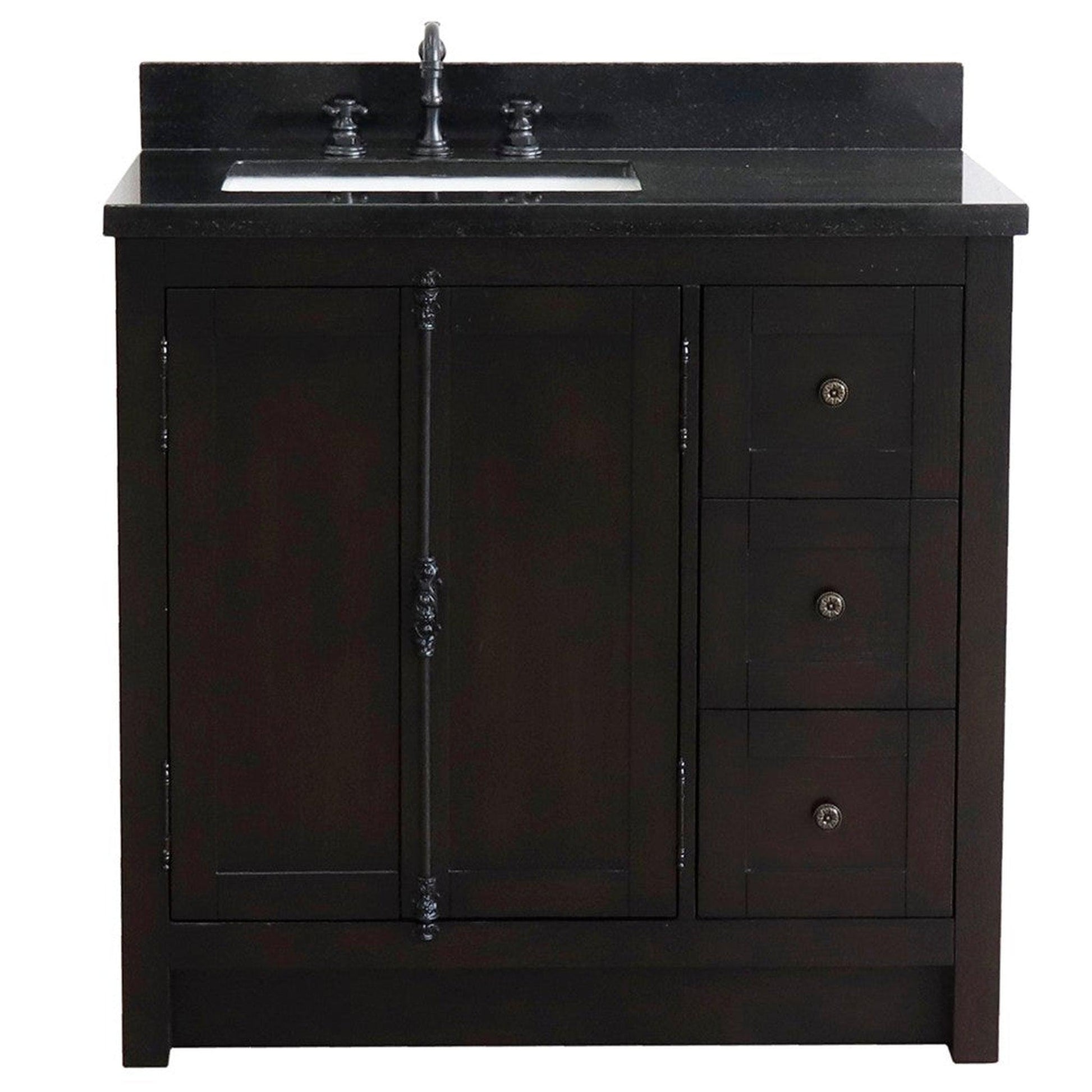 Bellaterra Home Plantation 37" 2-Door 3-Drawer Brown Ash Freestanding Vanity Set With Ceramic Left Offset Undermount Rectangular Sink and Black Galaxy Top