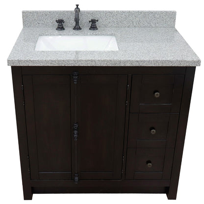 Bellaterra Home Plantation 37" 2-Door 3-Drawer Brown Ash Freestanding Vanity Set With Ceramic Left Offset Undermount Rectangular Sink and Gray Granite Top