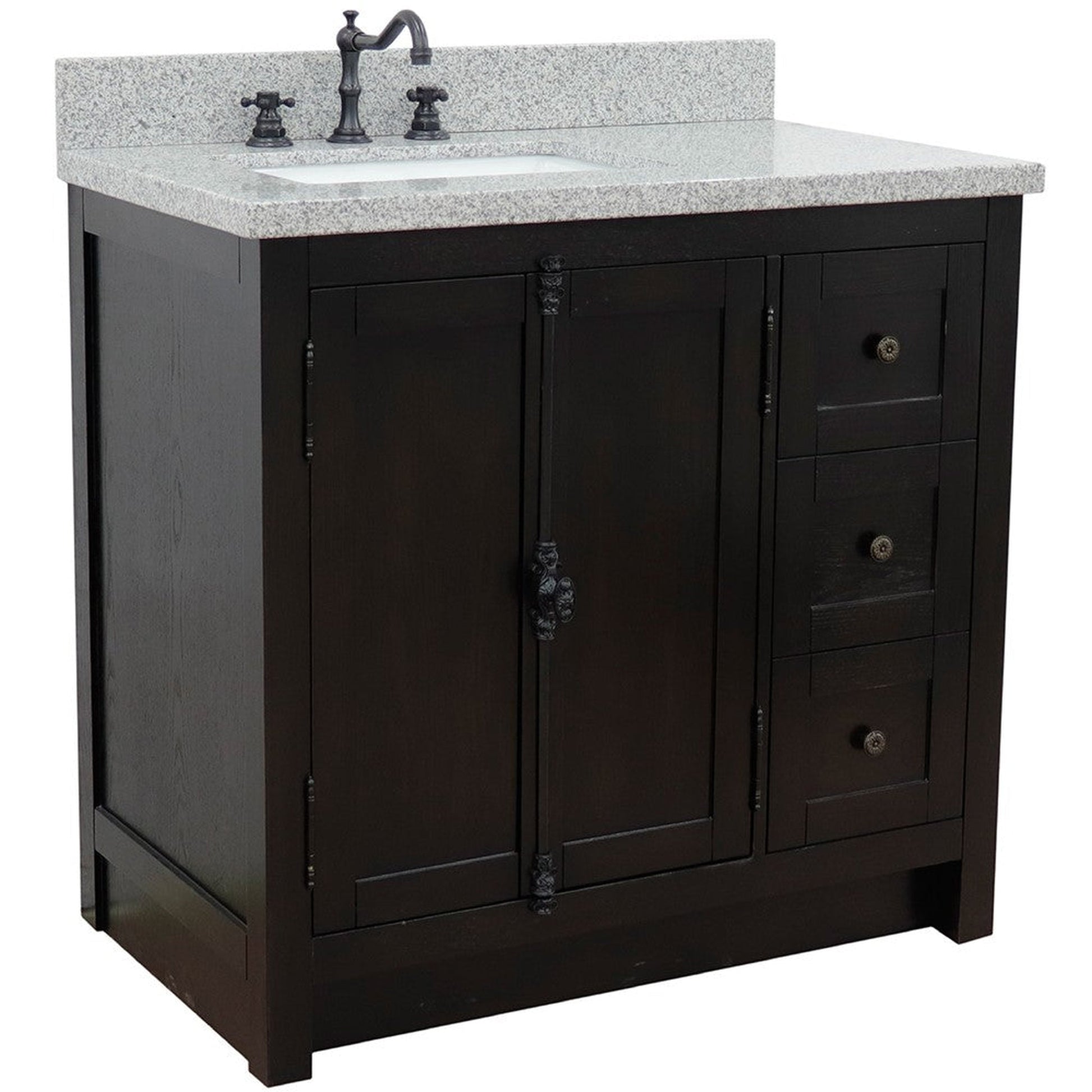 Bellaterra Home Plantation 37" 2-Door 3-Drawer Brown Ash Freestanding Vanity Set With Ceramic Left Offset Undermount Rectangular Sink and Gray Granite Top