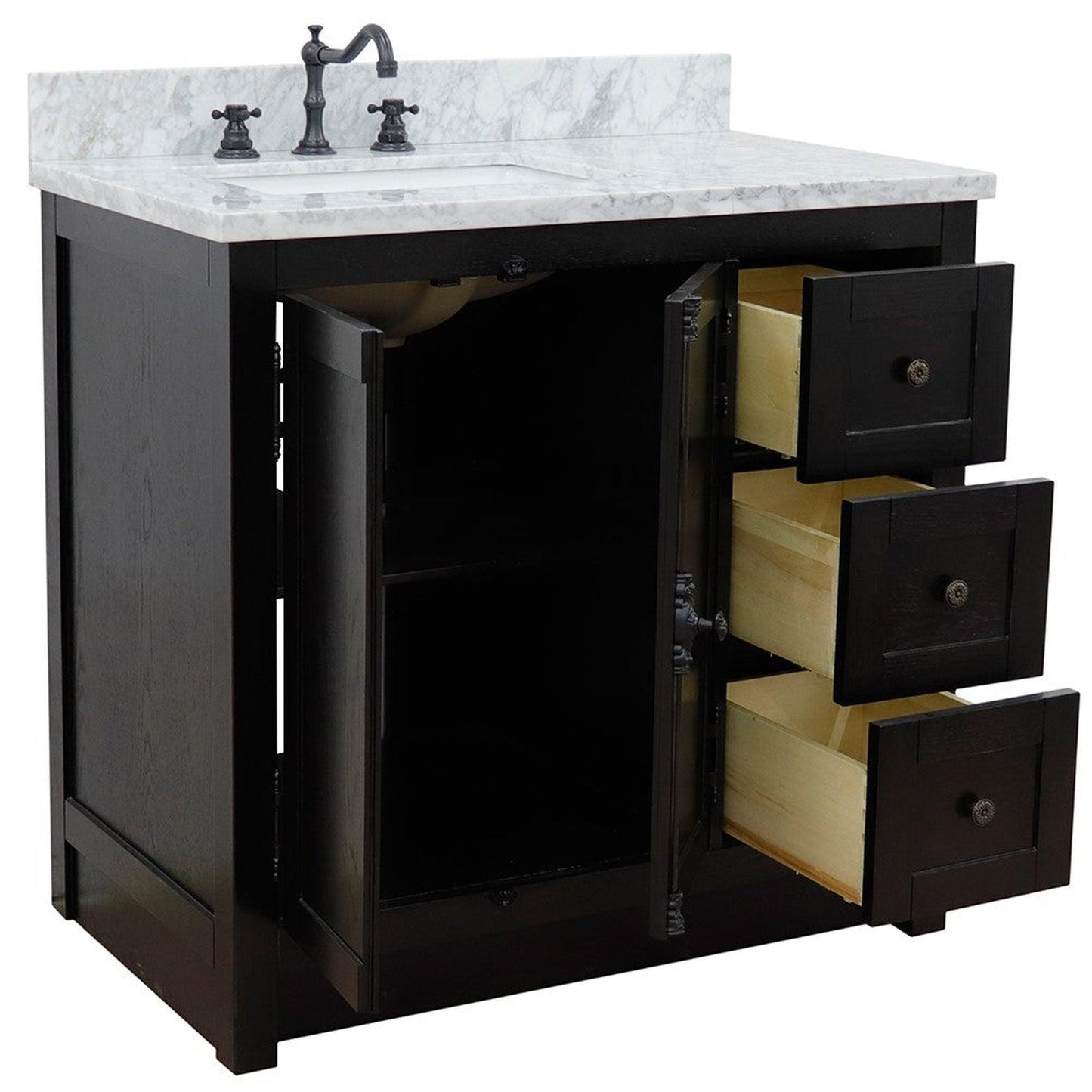 Bellaterra Home Plantation 37" 2-Door 3-Drawer Brown Ash Freestanding Vanity Set With Ceramic Left Offset Undermount Rectangular Sink and White Carrara Marble Top