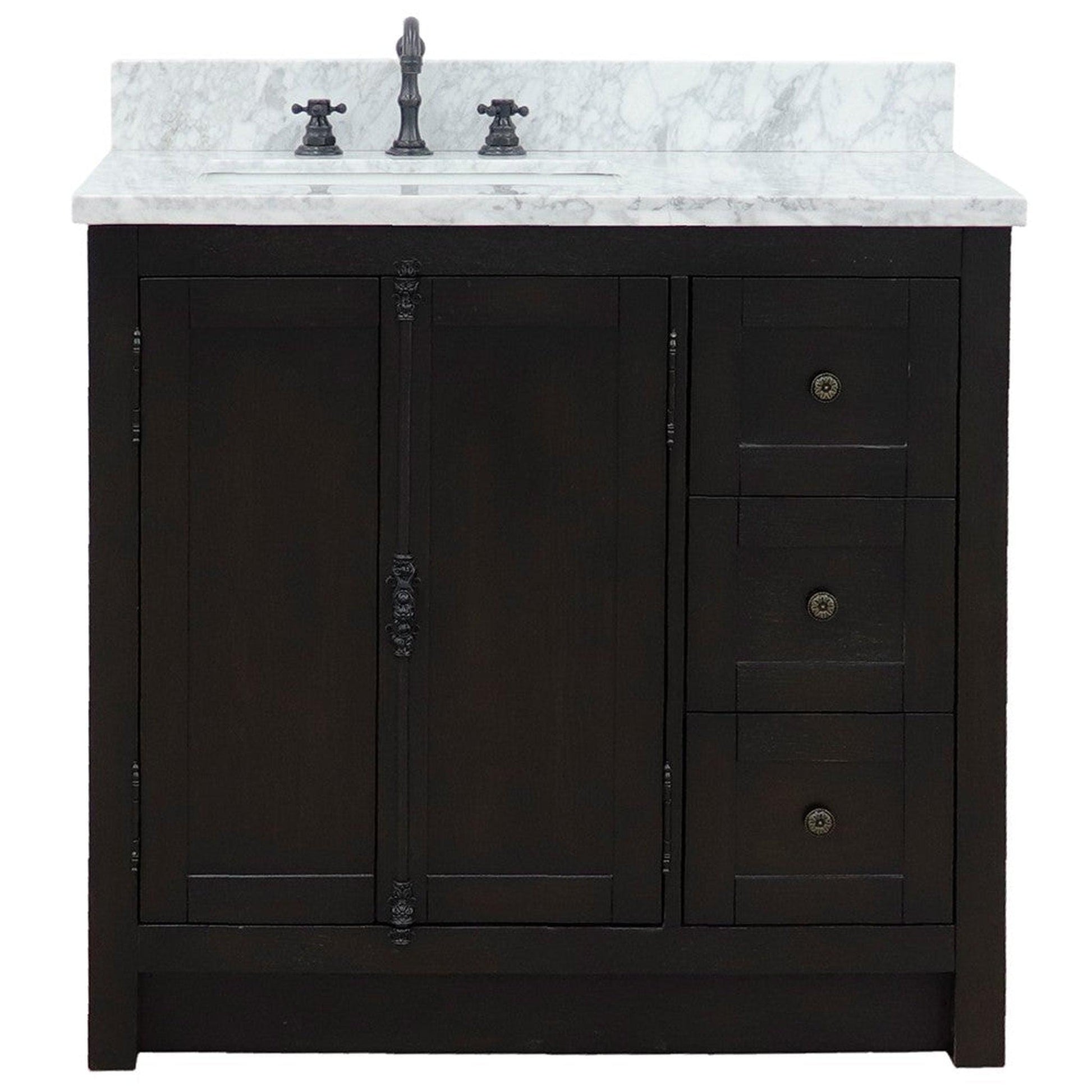 Bellaterra Home Plantation 37" 2-Door 3-Drawer Brown Ash Freestanding Vanity Set With Ceramic Left Offset Undermount Rectangular Sink and White Carrara Marble Top