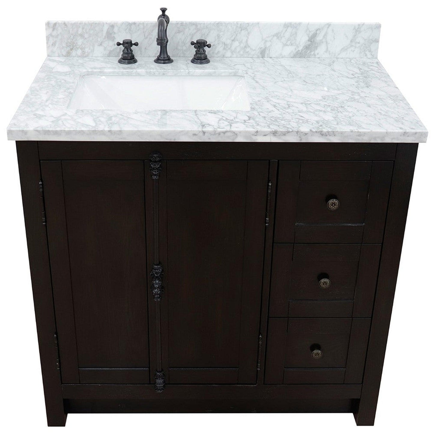 Bellaterra Home Plantation 37" 2-Door 3-Drawer Brown Ash Freestanding Vanity Set With Ceramic Left Offset Undermount Rectangular Sink and White Carrara Marble Top