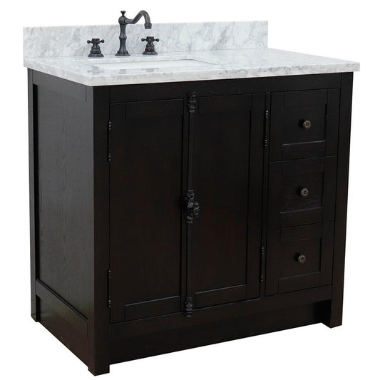 Bellaterra Home Plantation 37" 2-Door 3-Drawer Brown Ash Freestanding Vanity Set With Ceramic Left Offset Undermount Rectangular Sink and White Carrara Marble Top