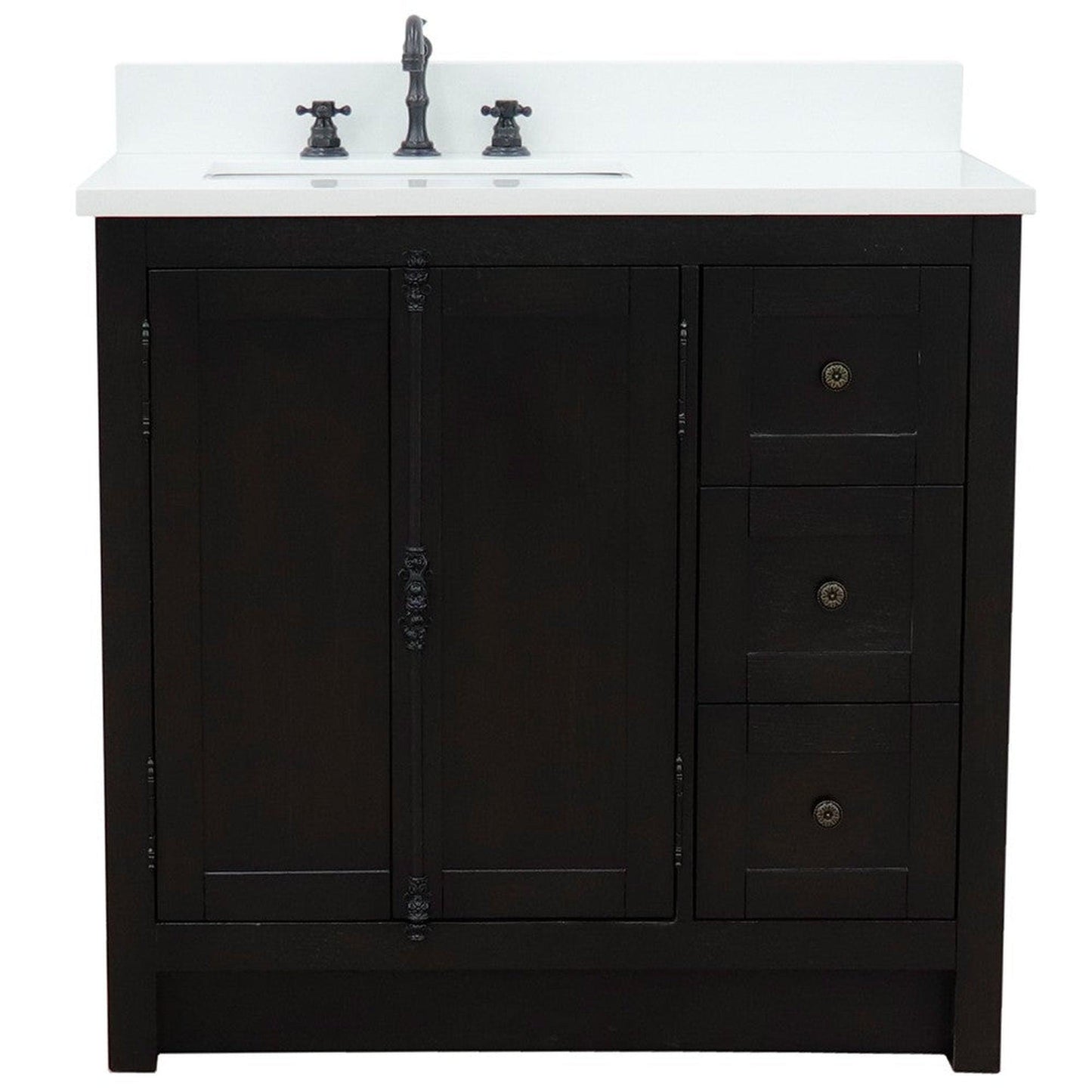 Bellaterra Home Plantation 37" 2-Door 3-Drawer Brown Ash Freestanding Vanity Set With Ceramic Left Offset Undermount Rectangular Sink and White Quartz Top