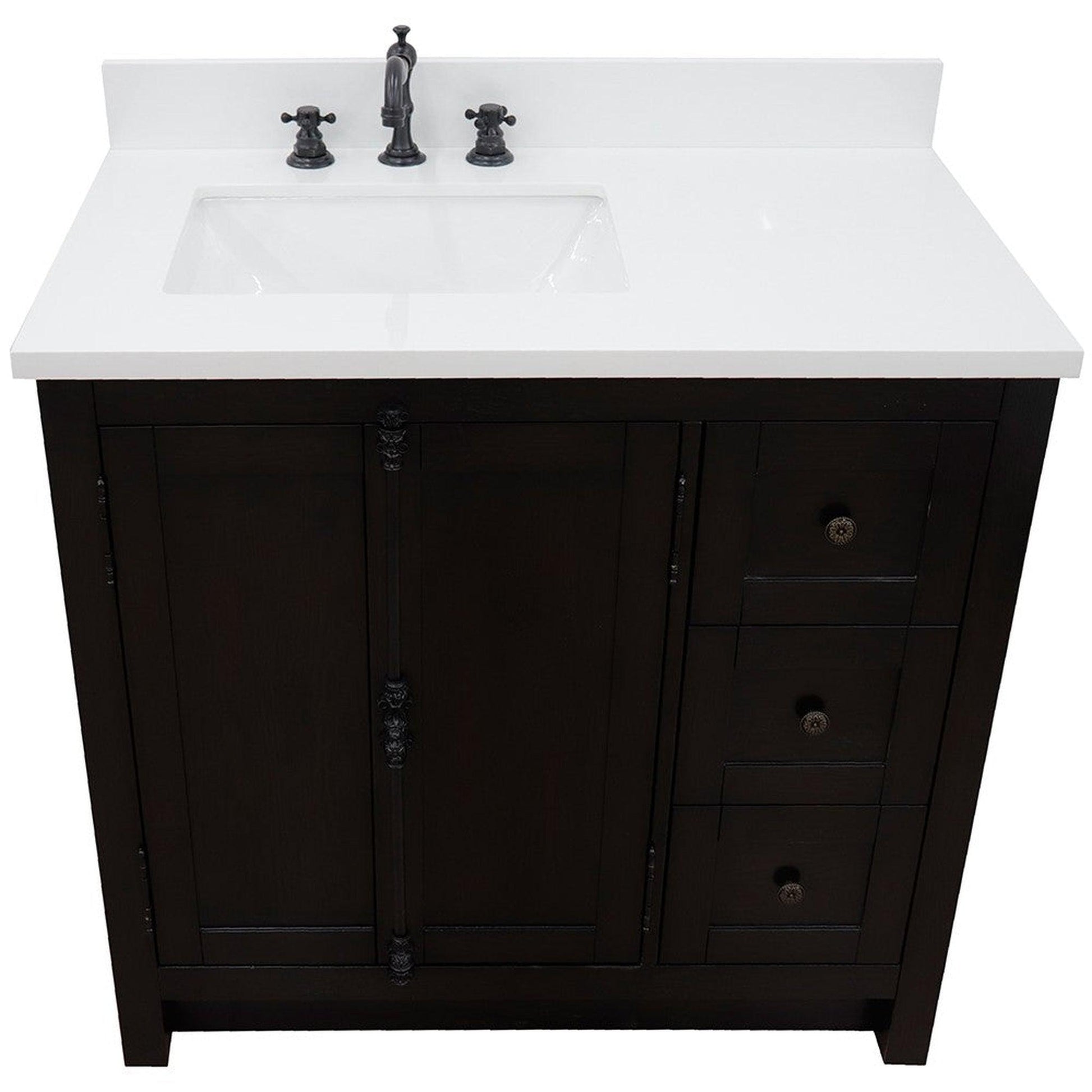 Bellaterra Home Plantation 37" 2-Door 3-Drawer Brown Ash Freestanding Vanity Set With Ceramic Left Offset Undermount Rectangular Sink and White Quartz Top