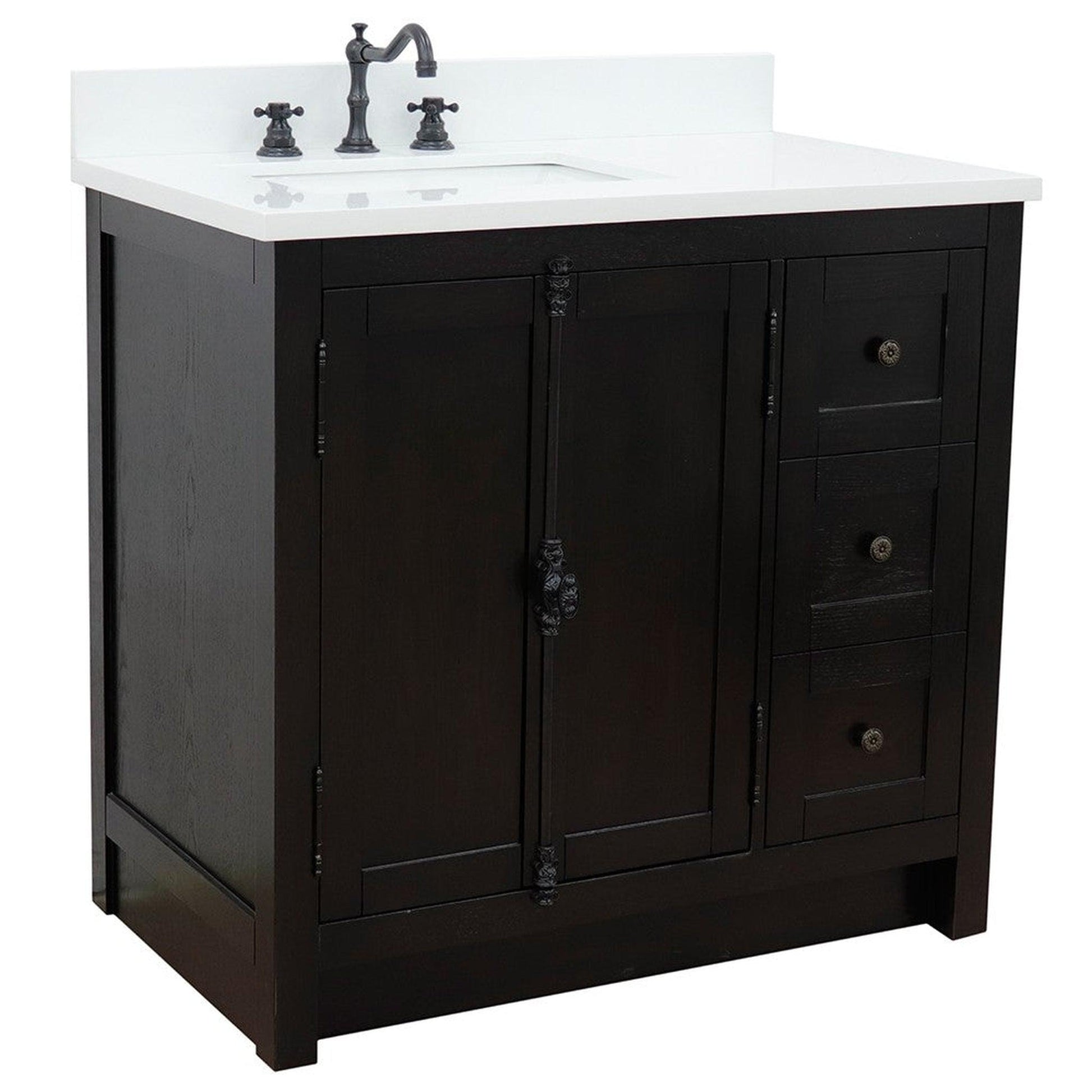 Bellaterra Home Plantation 37" 2-Door 3-Drawer Brown Ash Freestanding Vanity Set With Ceramic Left Offset Undermount Rectangular Sink and White Quartz Top