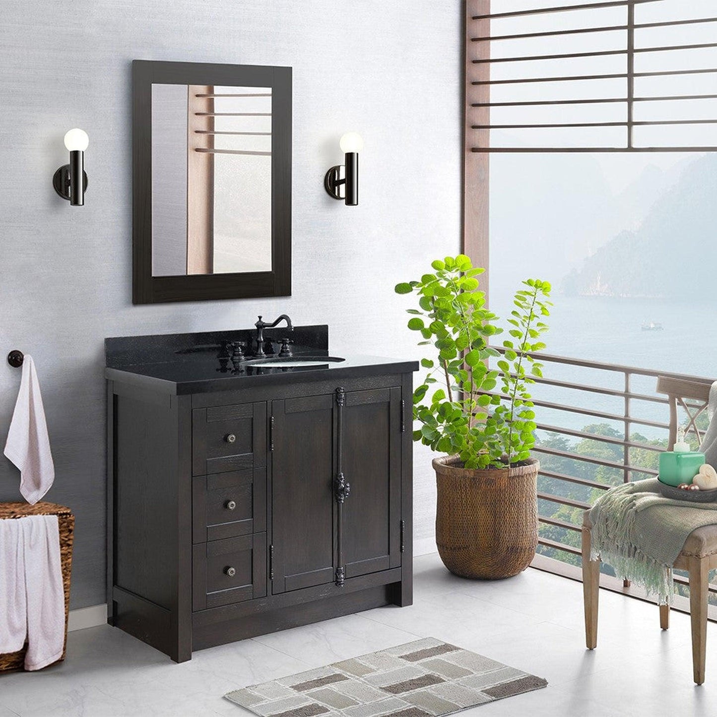 Bellaterra Home Plantation 37" 2-Door 3-Drawer Brown Ash Freestanding Vanity Set With Ceramic Right Offset Undermount Oval Sink and Black Galaxy Top