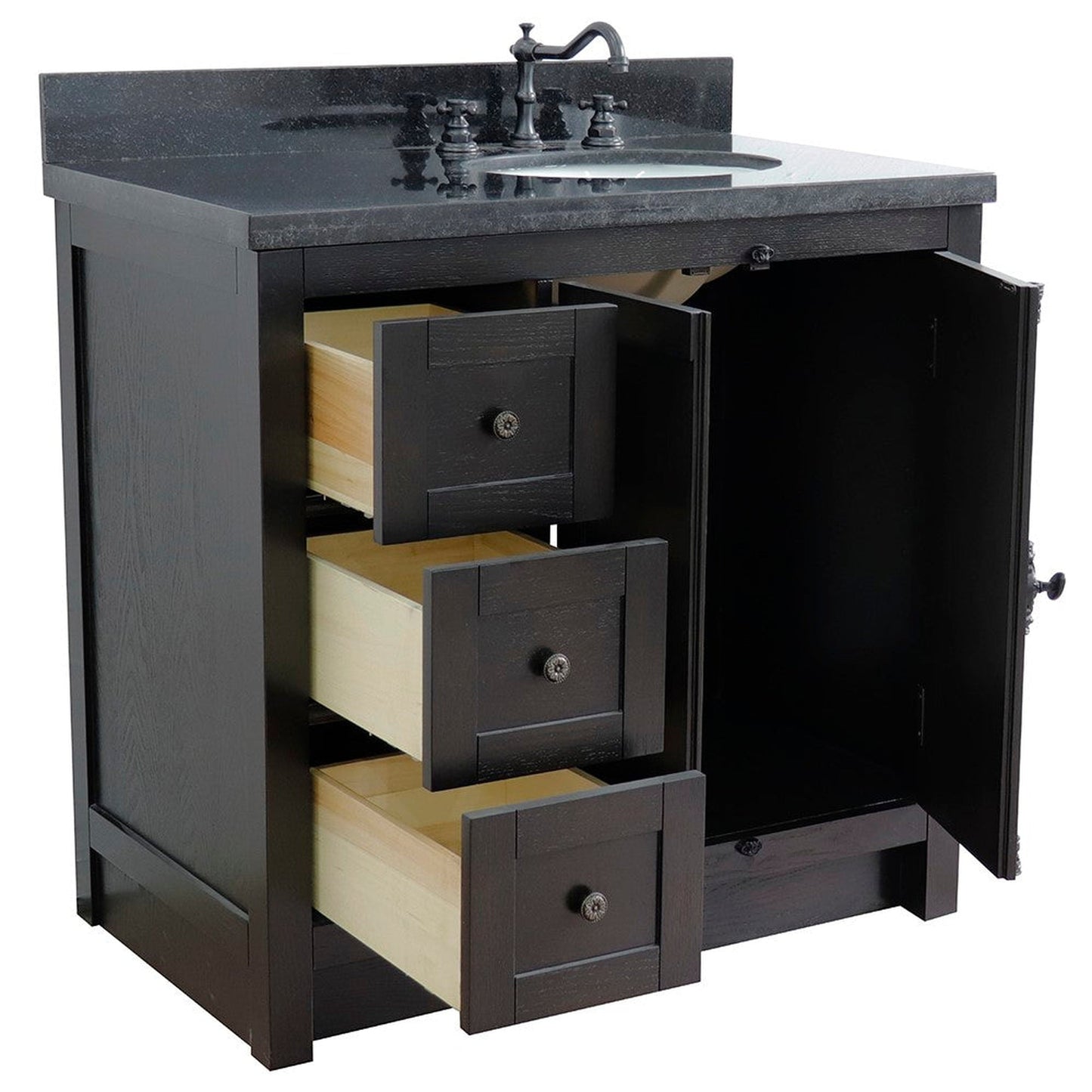 Bellaterra Home Plantation 37" 2-Door 3-Drawer Brown Ash Freestanding Vanity Set With Ceramic Right Offset Undermount Oval Sink and Black Galaxy Top