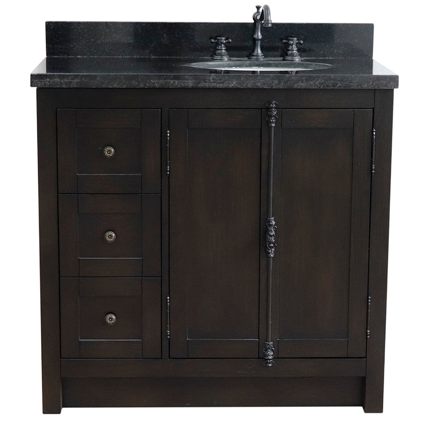 Bellaterra Home Plantation 37" 2-Door 3-Drawer Brown Ash Freestanding Vanity Set With Ceramic Right Offset Undermount Oval Sink and Black Galaxy Top