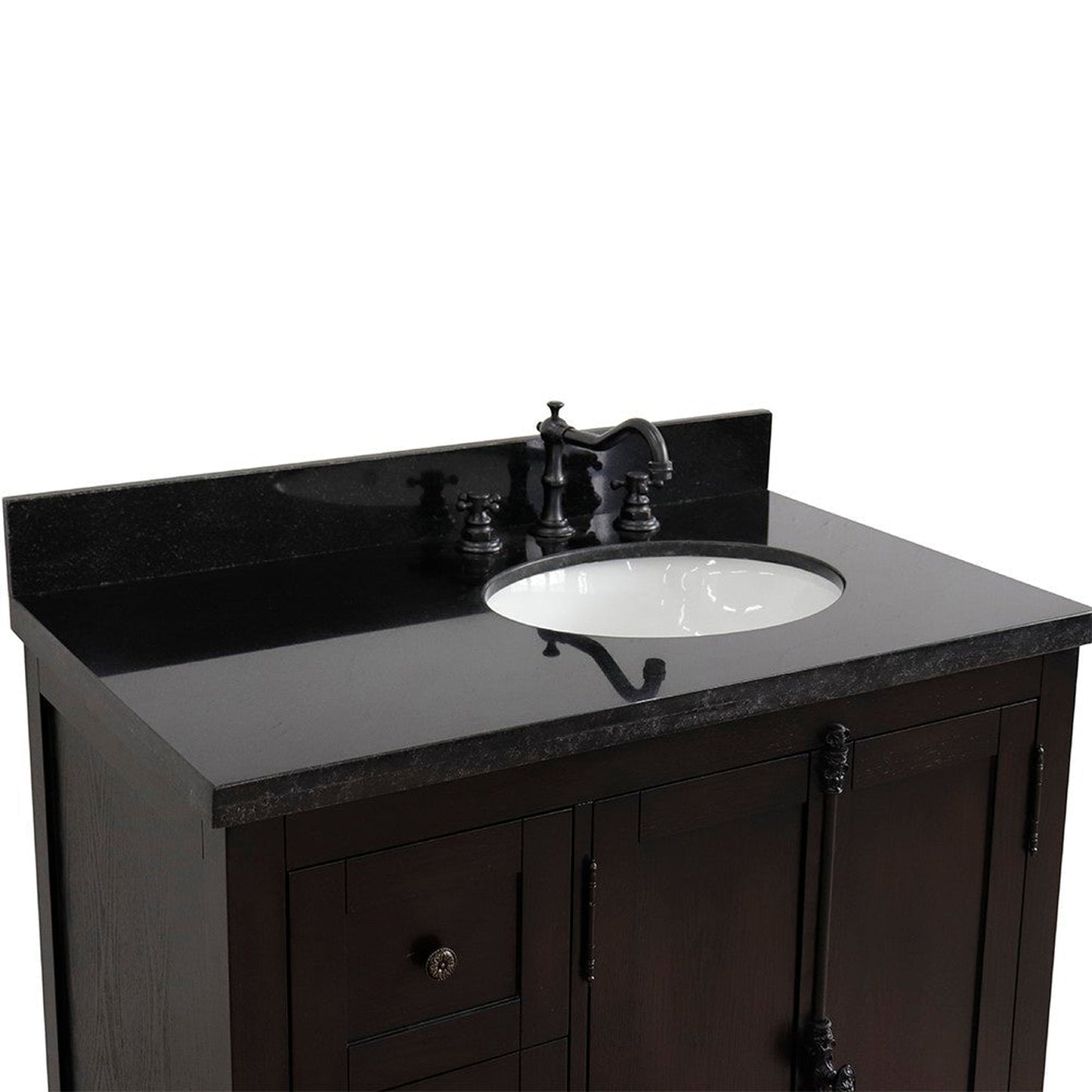 Bellaterra Home Plantation 37" 2-Door 3-Drawer Brown Ash Freestanding Vanity Set With Ceramic Right Offset Undermount Oval Sink and Black Galaxy Top