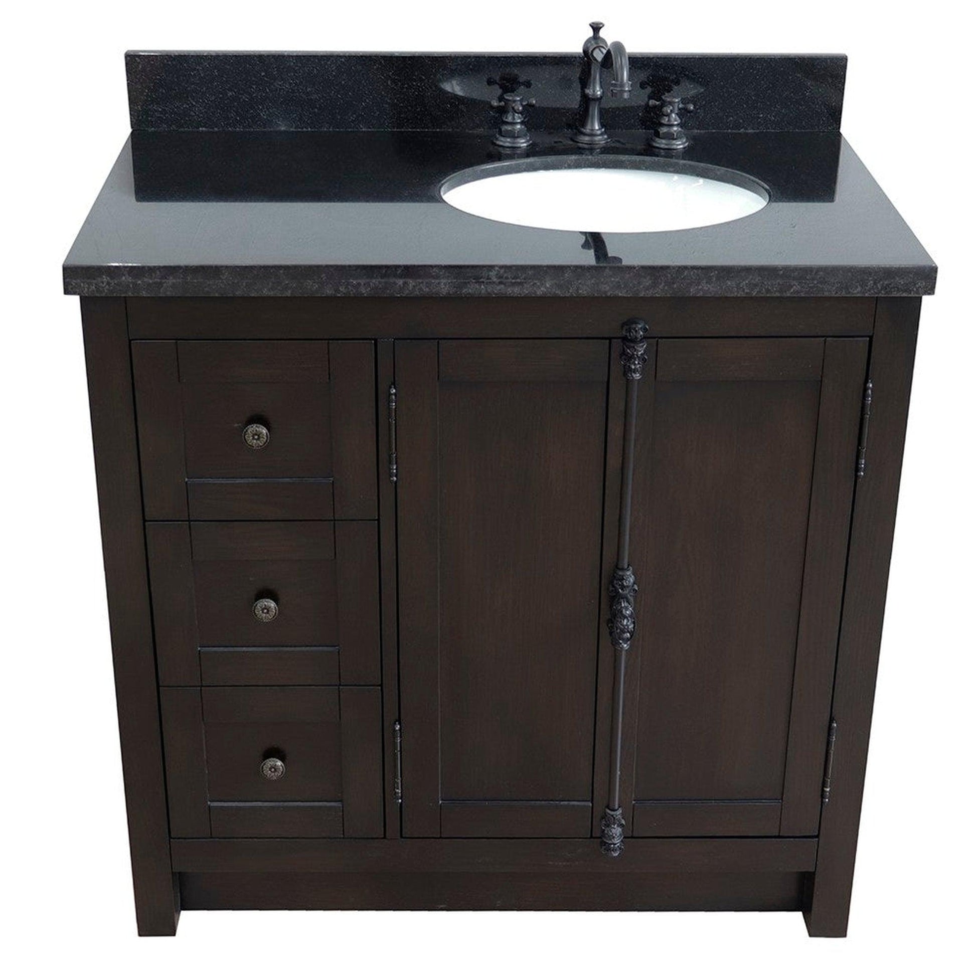 Bellaterra Home Plantation 37" 2-Door 3-Drawer Brown Ash Freestanding Vanity Set With Ceramic Right Offset Undermount Oval Sink and Black Galaxy Top