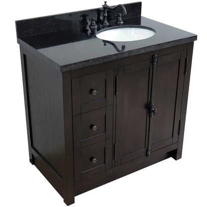 Bellaterra Home Plantation 37" 2-Door 3-Drawer Brown Ash Freestanding Vanity Set With Ceramic Right Offset Undermount Oval Sink and Black Galaxy Top