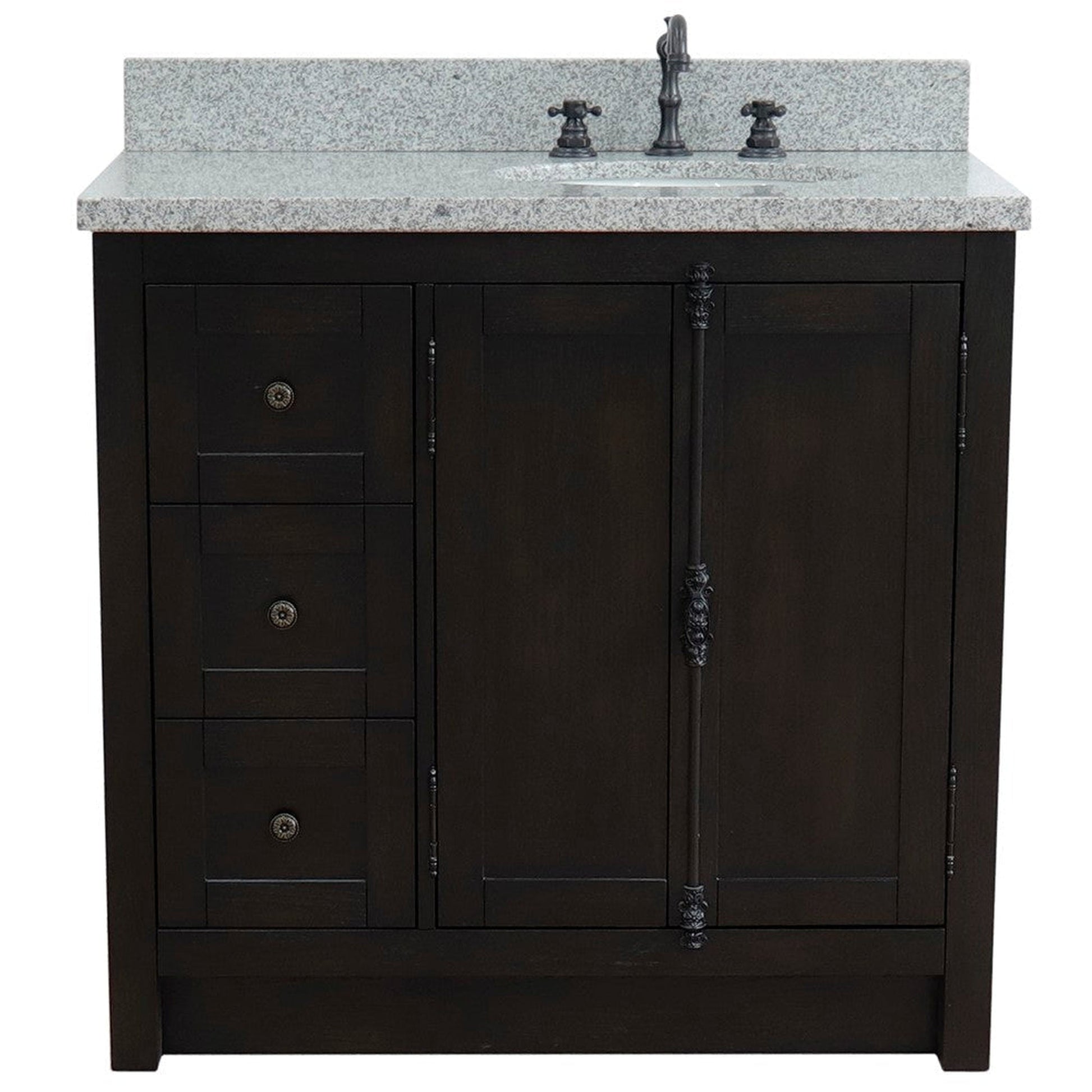 Bellaterra Home Plantation 37" 2-Door 3-Drawer Brown Ash Freestanding Vanity Set With Ceramic Right Offset Undermount Oval Sink and Gray Granite Top