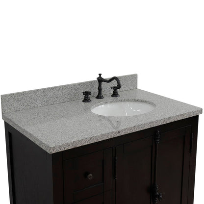 Bellaterra Home Plantation 37" 2-Door 3-Drawer Brown Ash Freestanding Vanity Set With Ceramic Right Offset Undermount Oval Sink and Gray Granite Top