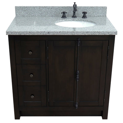 Bellaterra Home Plantation 37" 2-Door 3-Drawer Brown Ash Freestanding Vanity Set With Ceramic Right Offset Undermount Oval Sink and Gray Granite Top