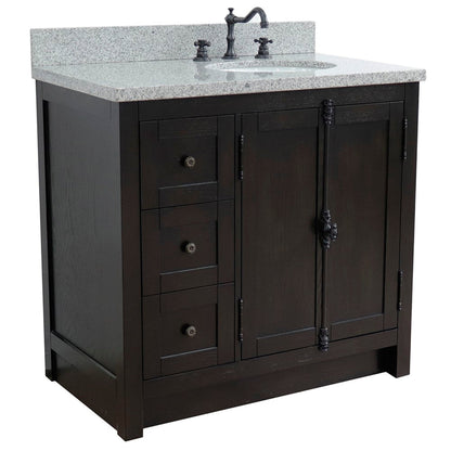 Bellaterra Home Plantation 37" 2-Door 3-Drawer Brown Ash Freestanding Vanity Set With Ceramic Right Offset Undermount Oval Sink and Gray Granite Top