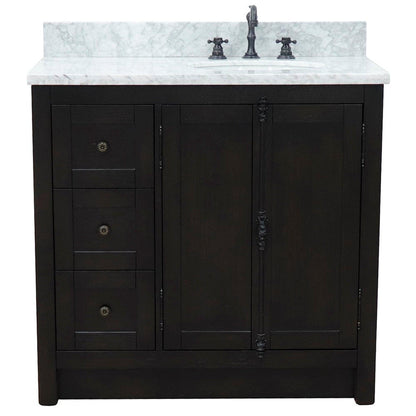 Bellaterra Home Plantation 37" 2-Door 3-Drawer Brown Ash Freestanding Vanity Set With Ceramic Right Offset Undermount Oval Sink and White Carrara Marble Top