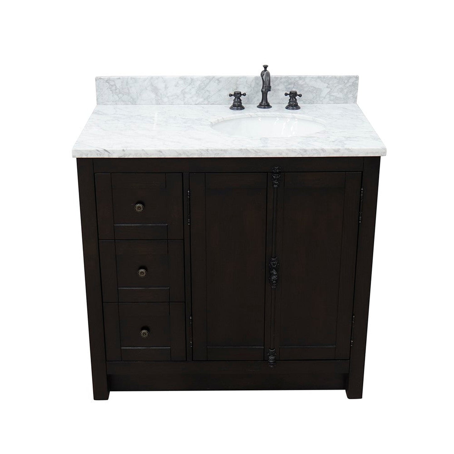 Bellaterra Home Plantation 37" 2-Door 3-Drawer Brown Ash Freestanding Vanity Set With Ceramic Right Offset Undermount Oval Sink and White Carrara Marble Top
