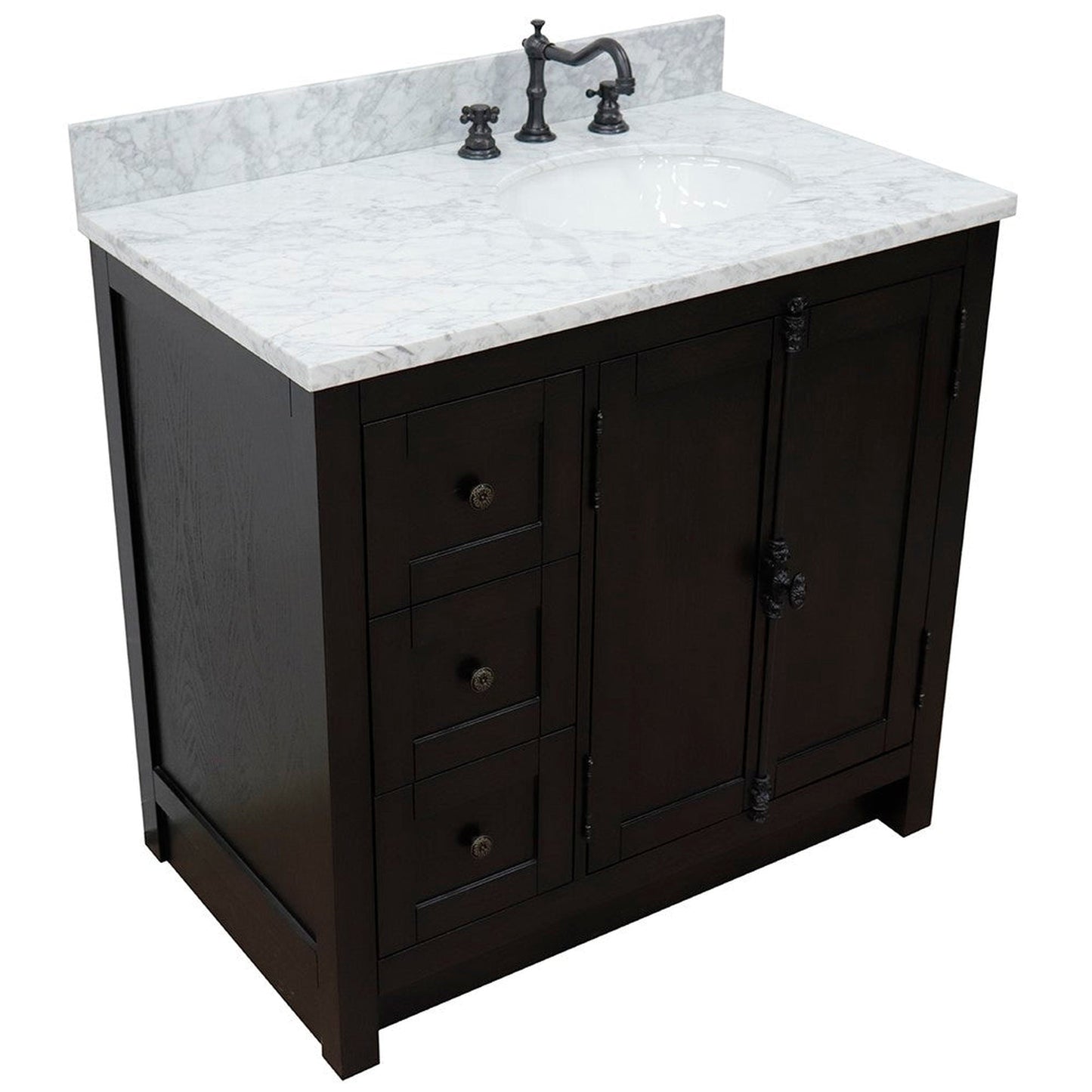 Bellaterra Home Plantation 37" 2-Door 3-Drawer Brown Ash Freestanding Vanity Set With Ceramic Right Offset Undermount Oval Sink and White Carrara Marble Top