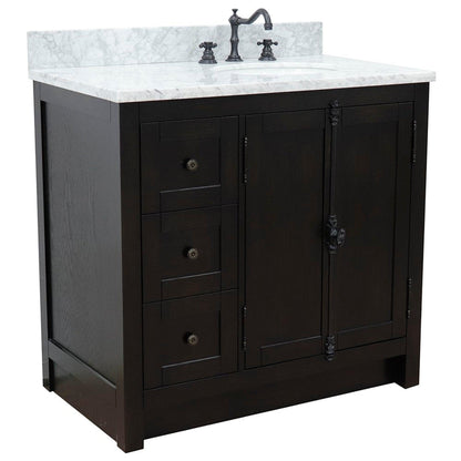 Bellaterra Home Plantation 37" 2-Door 3-Drawer Brown Ash Freestanding Vanity Set With Ceramic Right Offset Undermount Oval Sink and White Carrara Marble Top