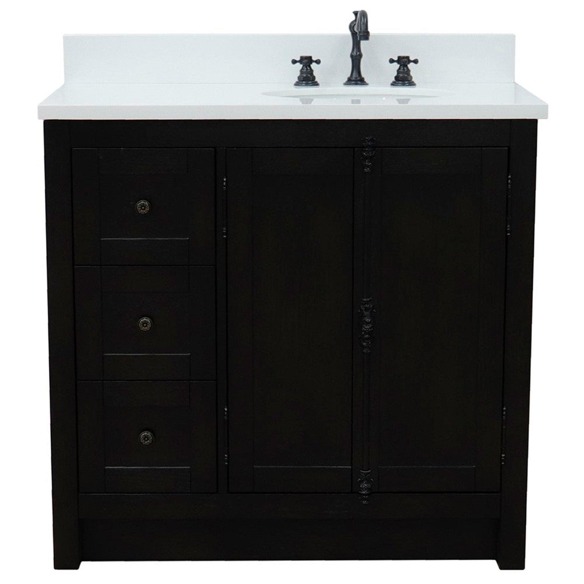 Bellaterra Home Plantation 37" 2-Door 3-Drawer Brown Ash Freestanding Vanity Set With Ceramic Right Offset Undermount Oval Sink and White Quartz Top