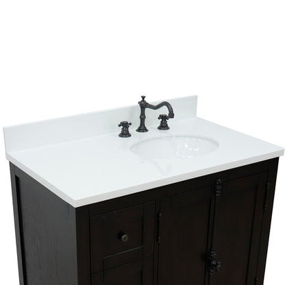 Bellaterra Home Plantation 37" 2-Door 3-Drawer Brown Ash Freestanding Vanity Set With Ceramic Right Offset Undermount Oval Sink and White Quartz Top