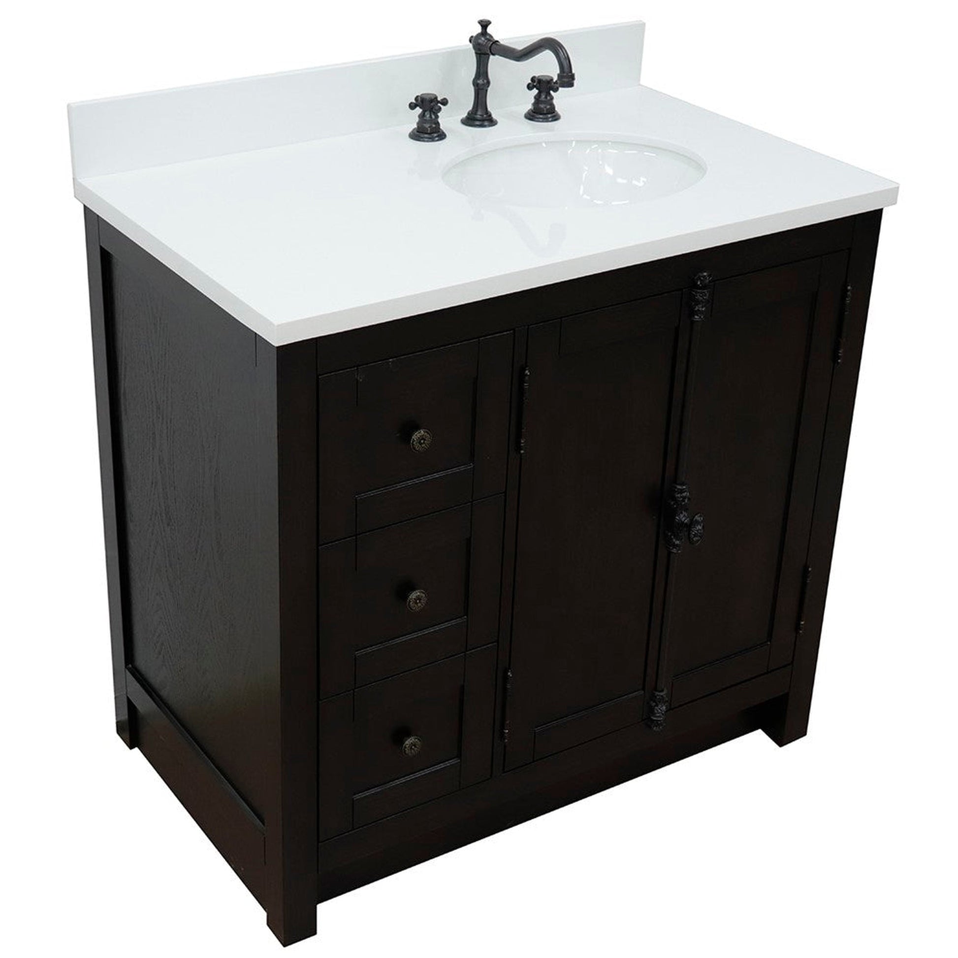 Bellaterra Home Plantation 37" 2-Door 3-Drawer Brown Ash Freestanding Vanity Set With Ceramic Right Offset Undermount Oval Sink and White Quartz Top