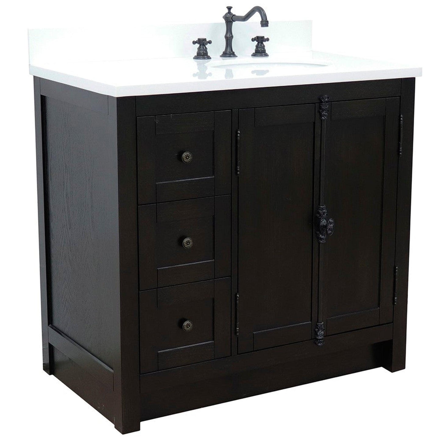 Bellaterra Home Plantation 37" 2-Door 3-Drawer Brown Ash Freestanding Vanity Set With Ceramic Right Offset Undermount Oval Sink and White Quartz Top