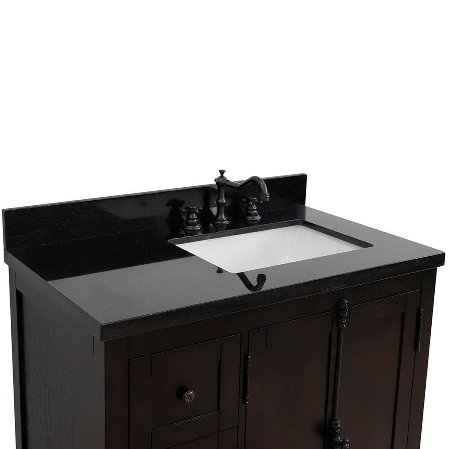 Bellaterra Home Plantation 37" 2-Door 3-Drawer Brown Ash Freestanding Vanity Set With Ceramic Right Offset Undermount Rectangular Sink and Black Galaxy Top