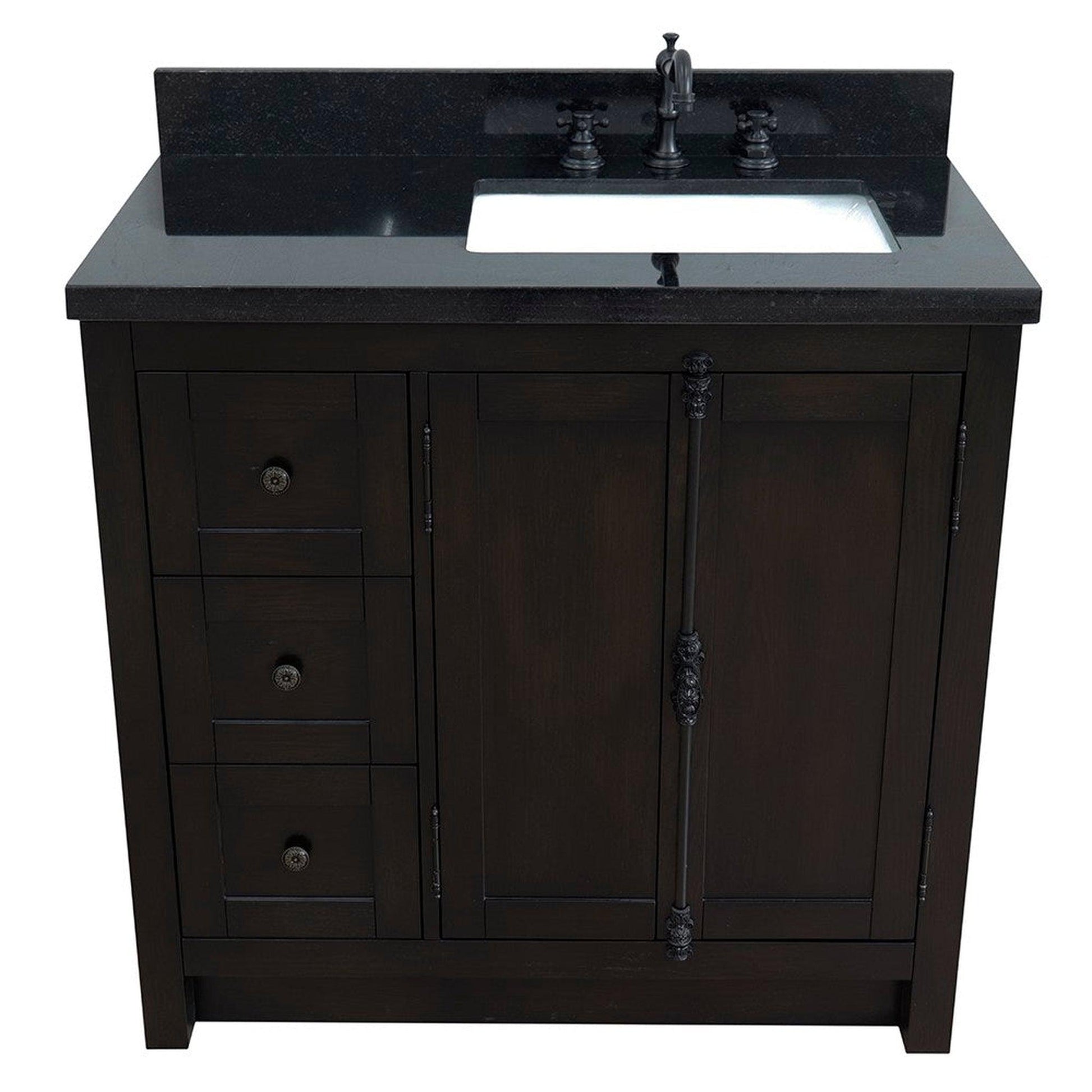 Bellaterra Home Plantation 37" 2-Door 3-Drawer Brown Ash Freestanding Vanity Set With Ceramic Right Offset Undermount Rectangular Sink and Black Galaxy Top