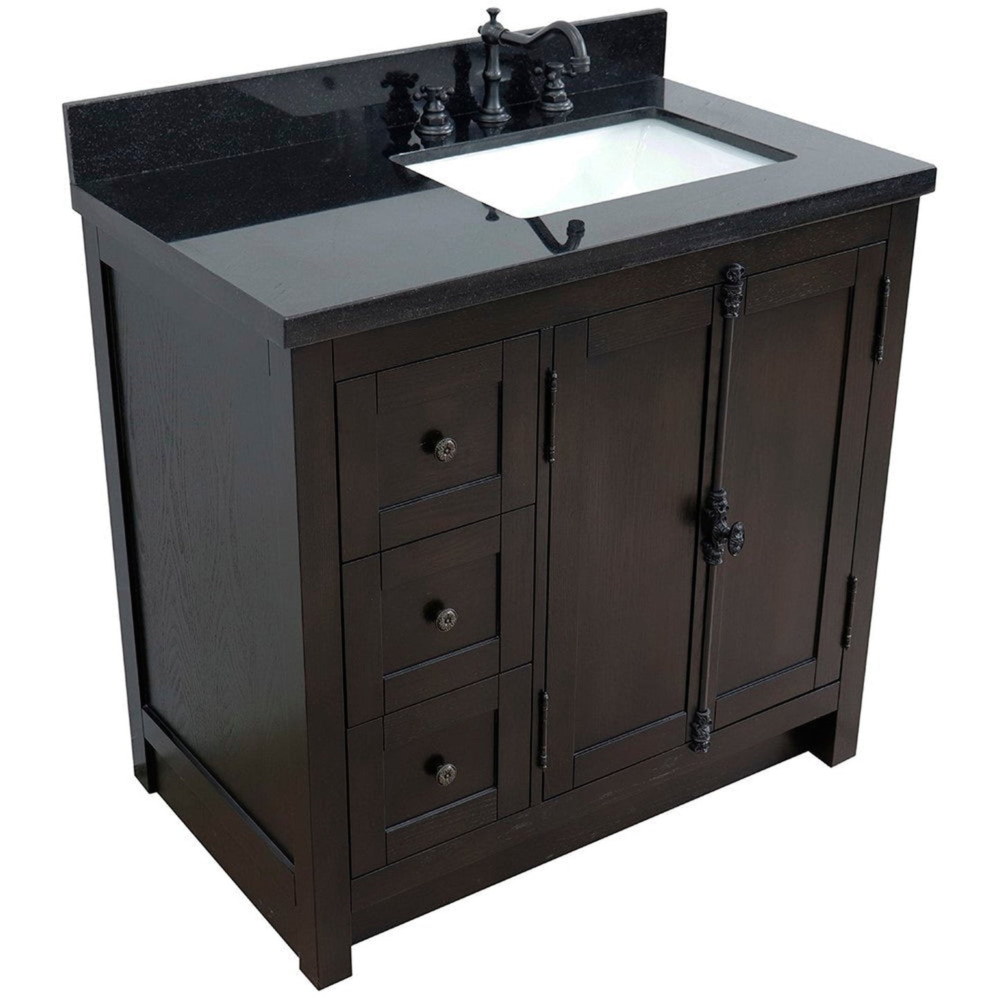 Bellaterra Home Plantation 37" 2-Door 3-Drawer Brown Ash Freestanding Vanity Set With Ceramic Right Offset Undermount Rectangular Sink and Black Galaxy Top