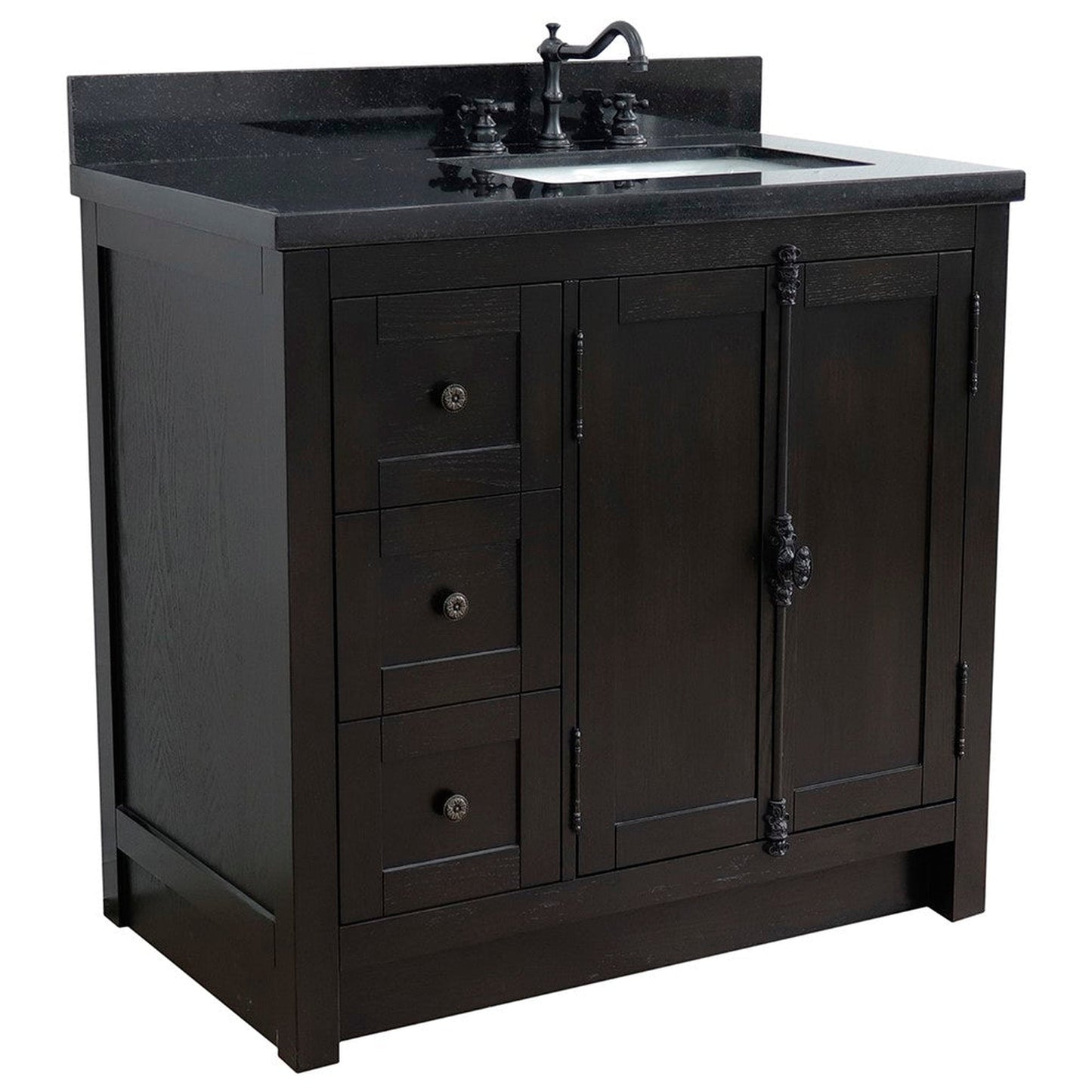 Bellaterra Home Plantation 37" 2-Door 3-Drawer Brown Ash Freestanding Vanity Set With Ceramic Right Offset Undermount Rectangular Sink and Black Galaxy Top