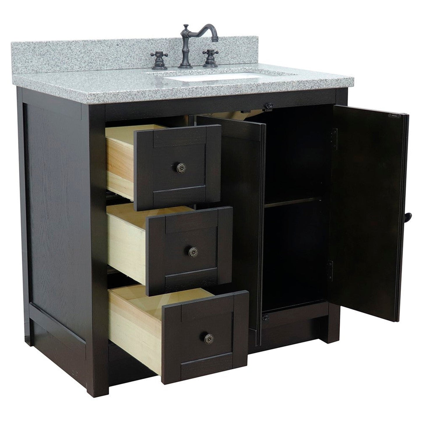 Bellaterra Home Plantation 37" 2-Door 3-Drawer Brown Ash Freestanding Vanity Set With Ceramic Right Offset Undermount Rectangular Sink and Gray Granite Top