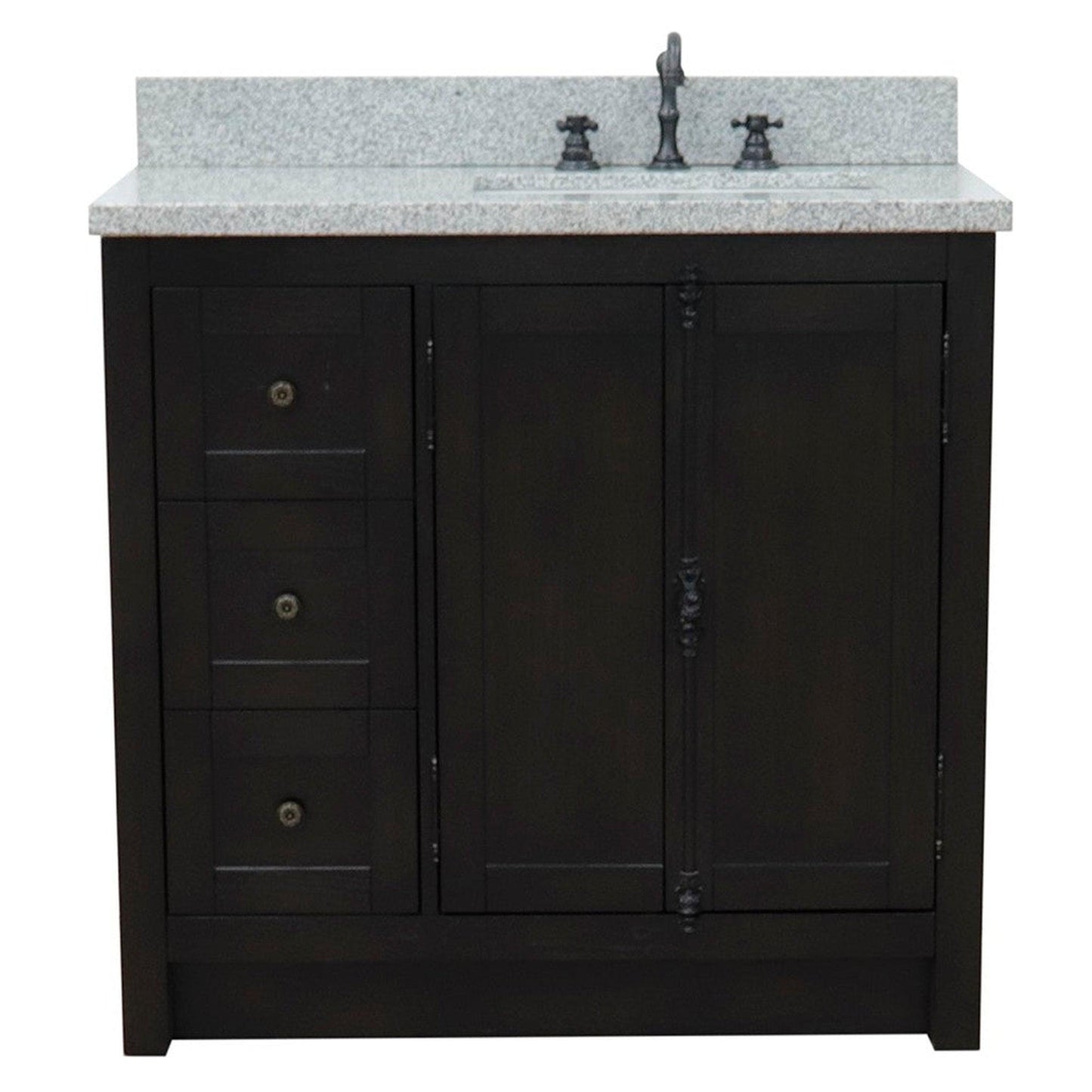 Bellaterra Home Plantation 37" 2-Door 3-Drawer Brown Ash Freestanding Vanity Set With Ceramic Right Offset Undermount Rectangular Sink and Gray Granite Top