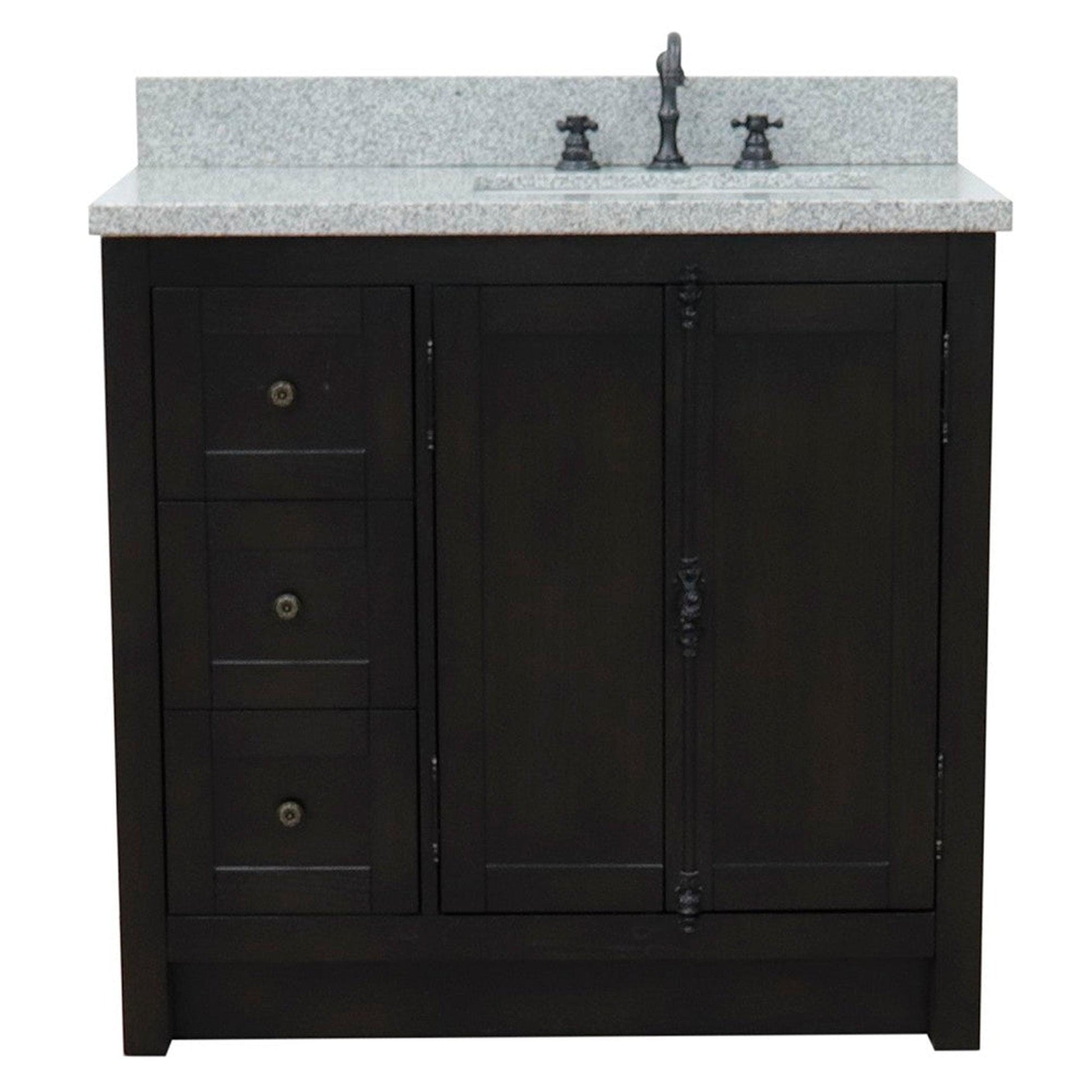 Bellaterra Home Plantation 37" 2-Door 3-Drawer Brown Ash Freestanding Vanity Set With Ceramic Right Offset Undermount Rectangular Sink and Gray Granite Top