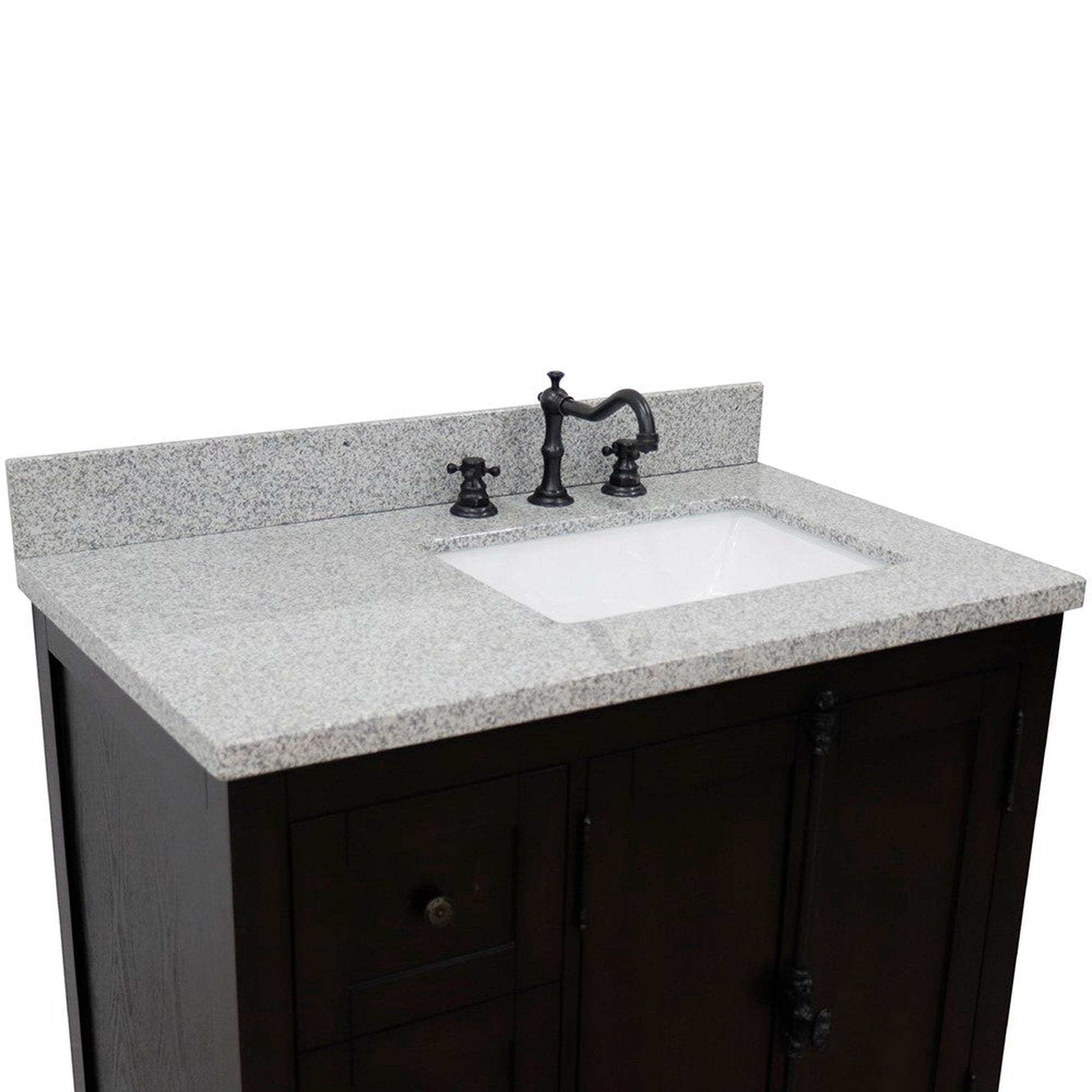 Bellaterra Home Plantation 37" 2-Door 3-Drawer Brown Ash Freestanding Vanity Set With Ceramic Right Offset Undermount Rectangular Sink and Gray Granite Top