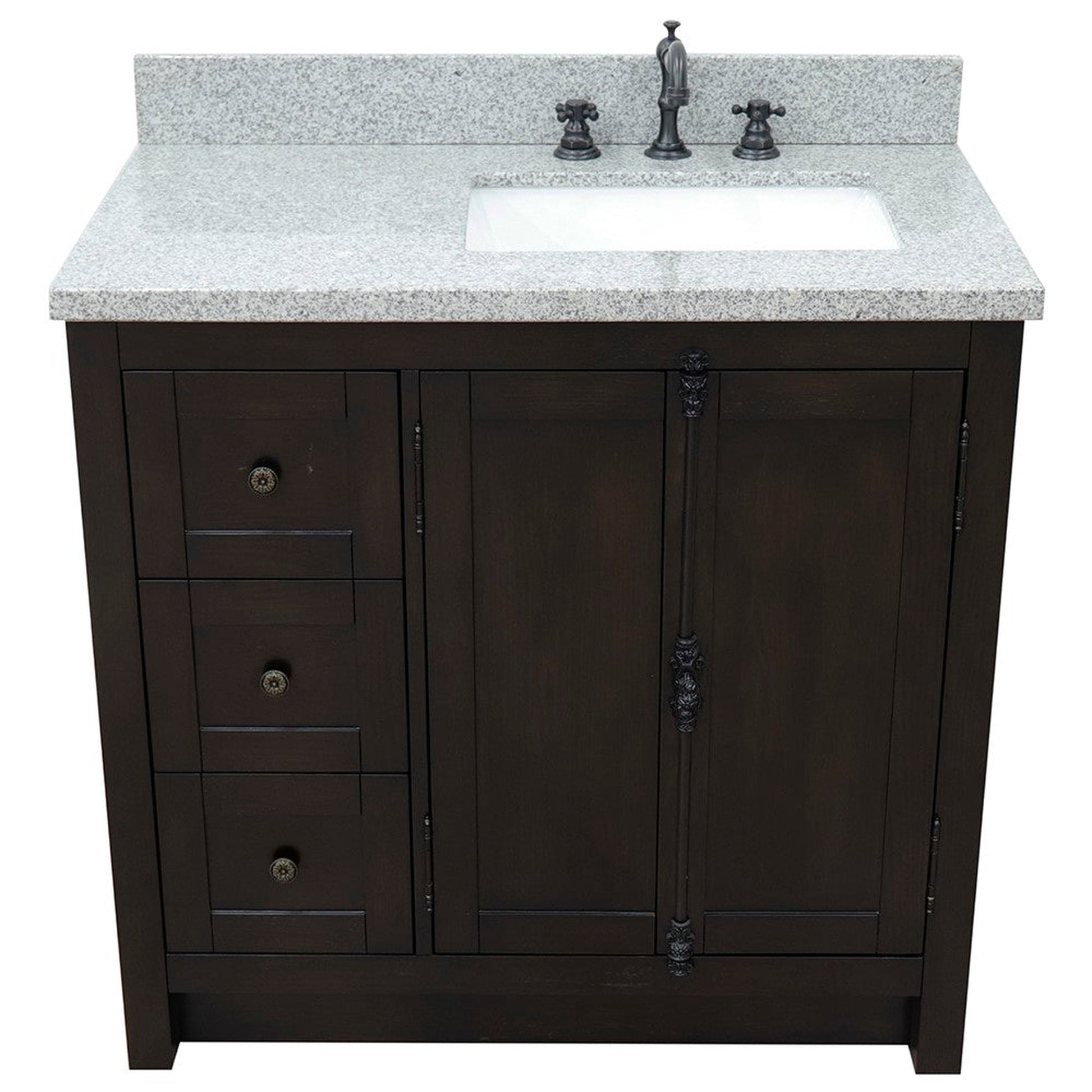 Bellaterra Home Plantation 37" 2-Door 3-Drawer Brown Ash Freestanding Vanity Set With Ceramic Right Offset Undermount Rectangular Sink and Gray Granite Top