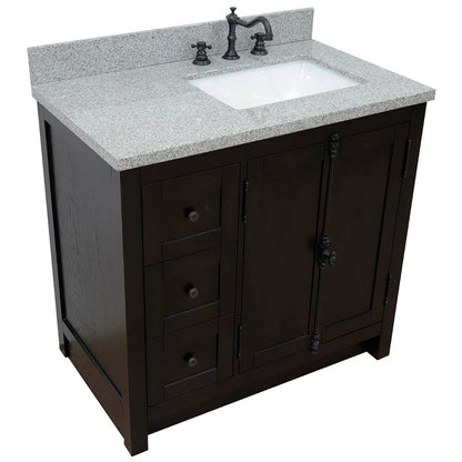 Bellaterra Home Plantation 37" 2-Door 3-Drawer Brown Ash Freestanding Vanity Set With Ceramic Right Offset Undermount Rectangular Sink and Gray Granite Top