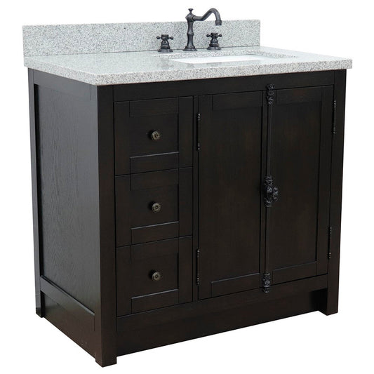 Bellaterra Home Plantation 37" 2-Door 3-Drawer Brown Ash Freestanding Vanity Set With Ceramic Right Offset Undermount Rectangular Sink and Gray Granite Top