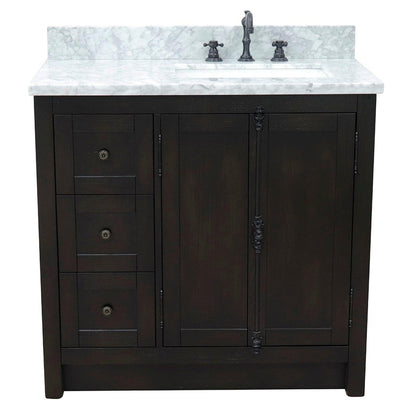 Bellaterra Home Plantation 37" 2-Door 3-Drawer Brown Ash Freestanding Vanity Set With Ceramic Right Offset Undermount Rectangular Sink and White Carrara Marble Top