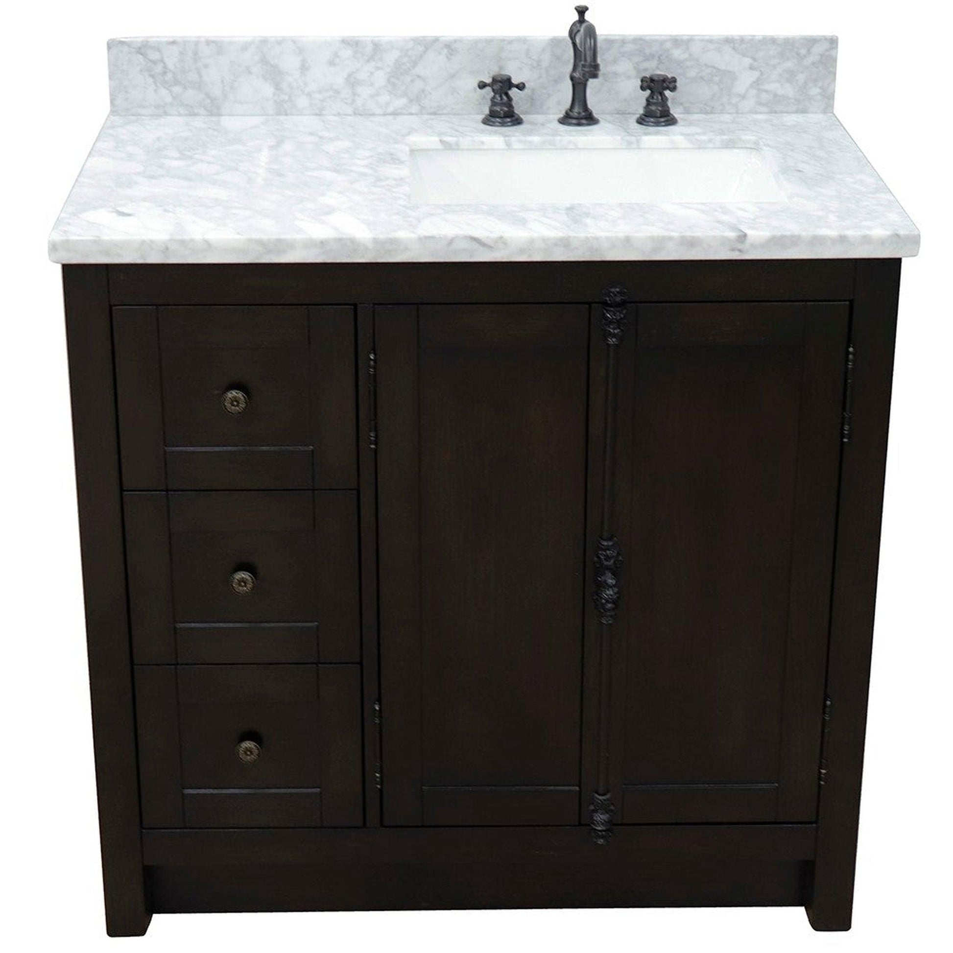 Bellaterra Home Plantation 37" 2-Door 3-Drawer Brown Ash Freestanding Vanity Set With Ceramic Right Offset Undermount Rectangular Sink and White Carrara Marble Top