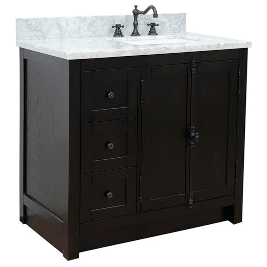 Bellaterra Home Plantation 37" 2-Door 3-Drawer Brown Ash Freestanding Vanity Set With Ceramic Right Offset Undermount Rectangular Sink and White Carrara Marble Top