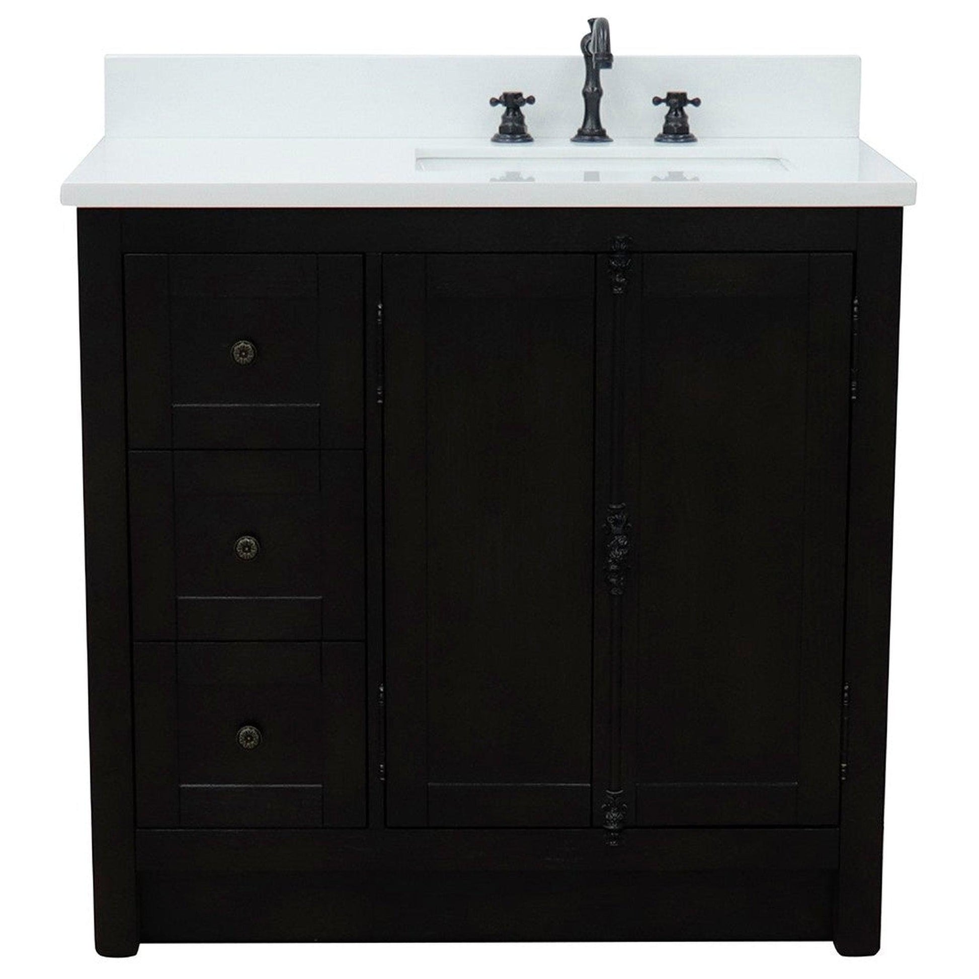 Bellaterra Home Plantation 37" 2-Door 3-Drawer Brown Ash Freestanding Vanity Set With Ceramic Right Offset Undermount Rectangular Sink and White Quartz Top