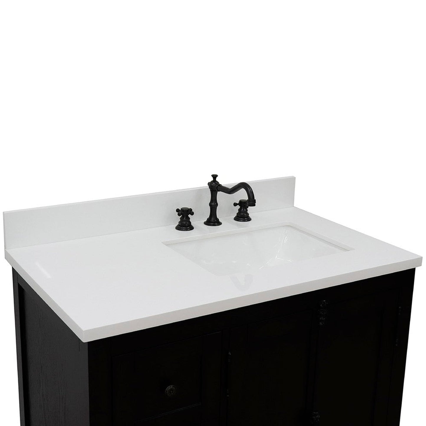 Bellaterra Home Plantation 37" 2-Door 3-Drawer Brown Ash Freestanding Vanity Set With Ceramic Right Offset Undermount Rectangular Sink and White Quartz Top