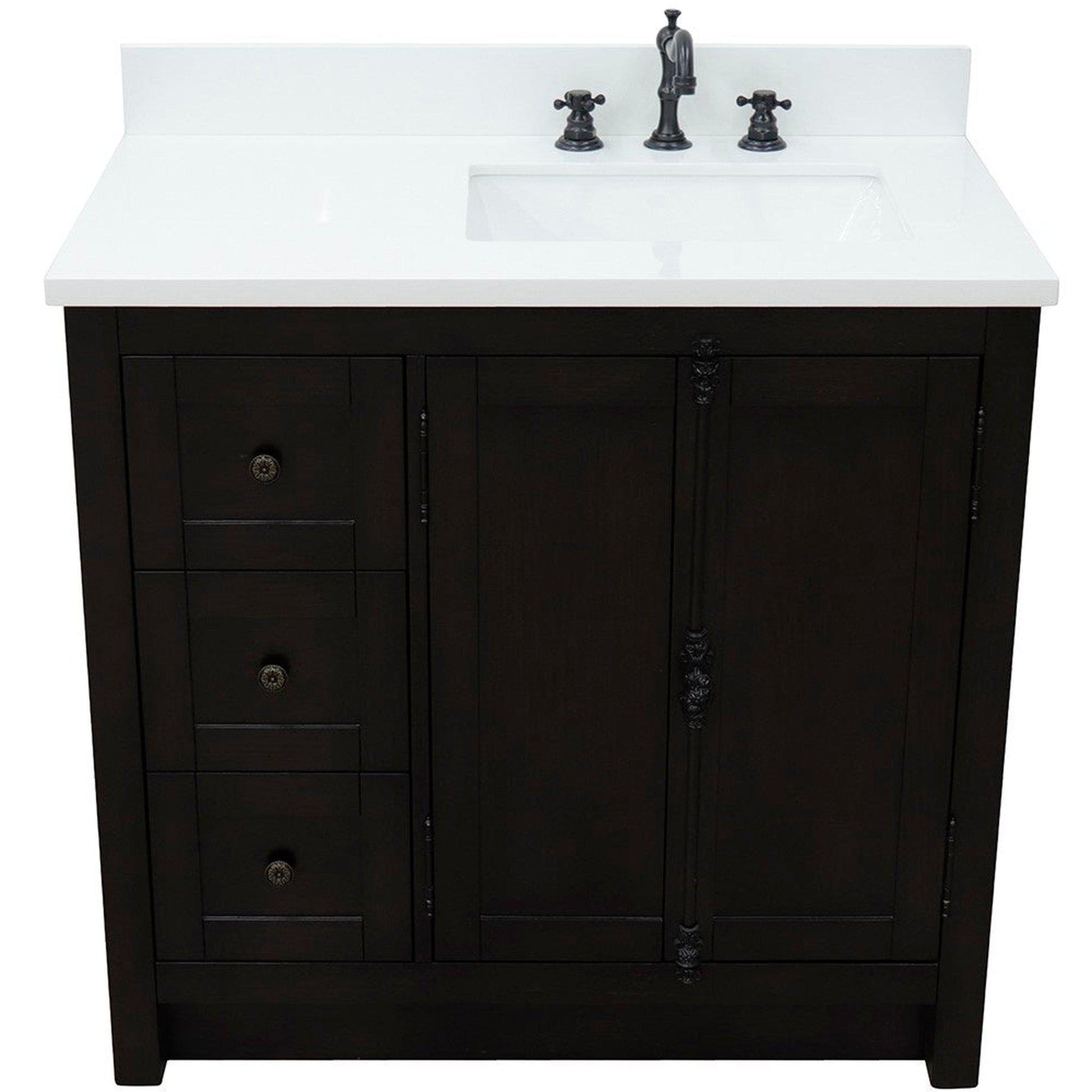 Bellaterra Home Plantation 37" 2-Door 3-Drawer Brown Ash Freestanding Vanity Set With Ceramic Right Offset Undermount Rectangular Sink and White Quartz Top