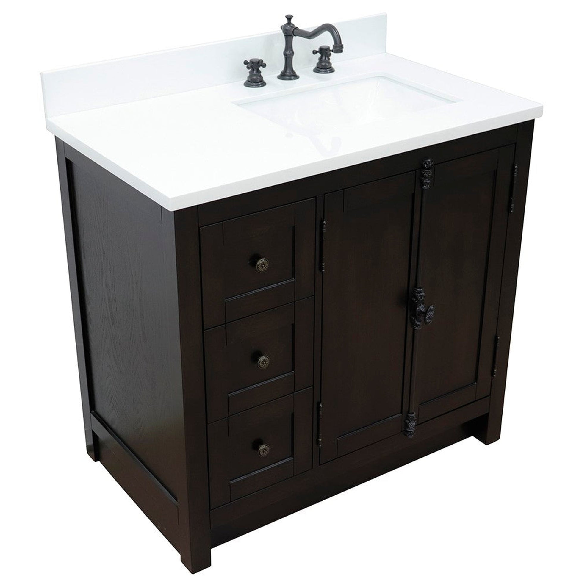 Bellaterra Home Plantation 37" 2-Door 3-Drawer Brown Ash Freestanding Vanity Set With Ceramic Right Offset Undermount Rectangular Sink and White Quartz Top