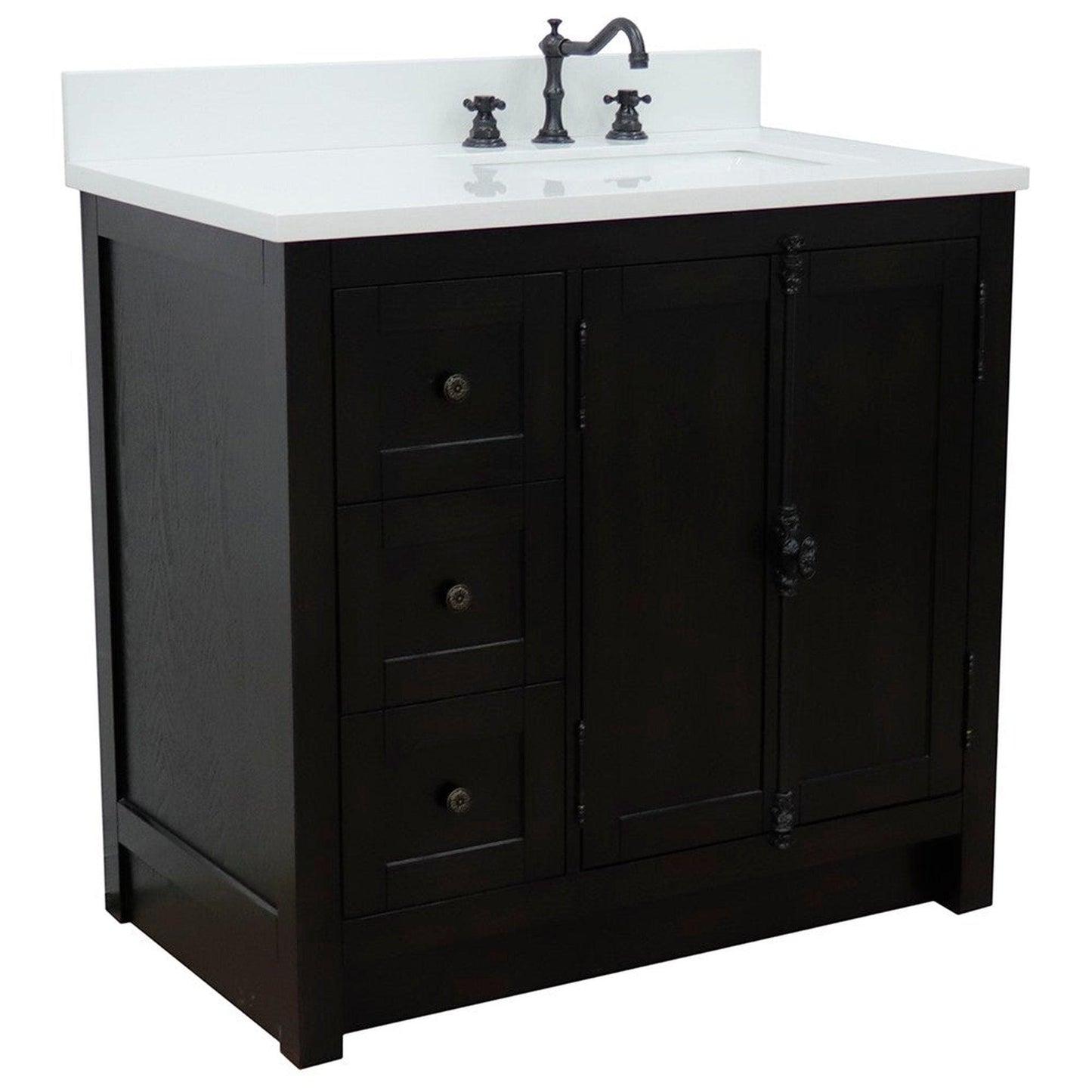 Bellaterra Home Plantation 37" 2-Door 3-Drawer Brown Ash Freestanding Vanity Set With Ceramic Right Offset Undermount Rectangular Sink and White Quartz Top